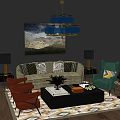 Modern Sofa Coffee Table Combination With Patterned Pillows Area Rug And Wall Art 3d model