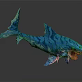 Blue Green Striped Shark With Open Mouth Red Teeth And Orange Details