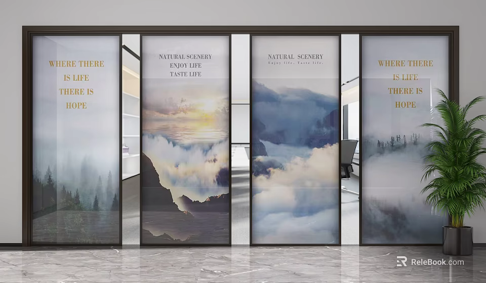 Decorative Natural Landscape Screen With Clouds And Inspirational Quotes For Modern Interior Space 3d model 