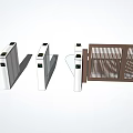 Modern Public Facility With Three Silver Turnstiles And Brown Gate 3d model