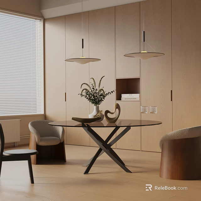 Modern Round Dining Table Set With Black Cross Legs And Wooden Background Panels 3d model 