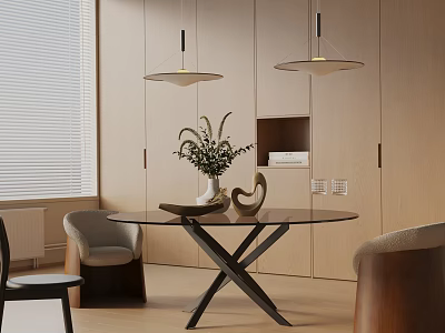 Modern Round Dining Table Set With Black Cross Legs And Wooden Background Panels 3d model