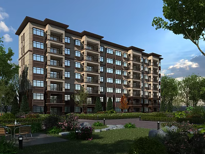 Modern Multistory Residential Building Surrounded By Lush Greenery And Landscaped Gardens 3d model