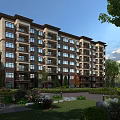 Modern Multistory Residential Building Surrounded By Lush Greenery And Landscaped Gardens
