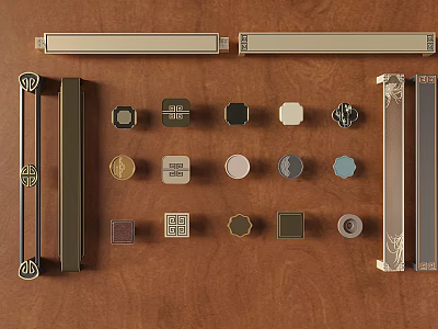 Various Decorative Cabinet Handles With Different Shapes And Metal Designs On Wooden Background 3d model