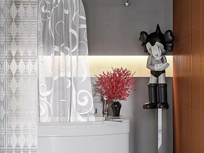 Modern Bathtub In Bathroom With White Curtain Red Flower Bouquet And Cartoon Sculpture 3d model