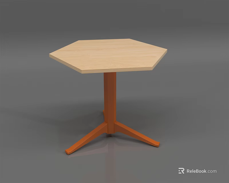 Minimalist Octagonal Table With Light Wooden Top And Orange Three Legged Base 3d model 