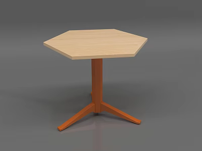 Minimalist Octagonal Table With Light Wooden Top And Orange Three Legged Base 3d model