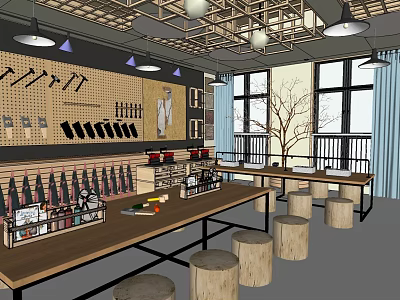 Rustic Workshop Interior With Long Wooden Tables Log Stools Tool Pegboard And Pendant Lights 3d model
