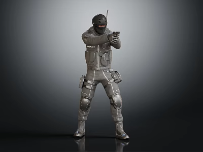 Tactical Character In Full Body Armor With Helmet Goggles And Gun On Gray Gradient Background 3d model