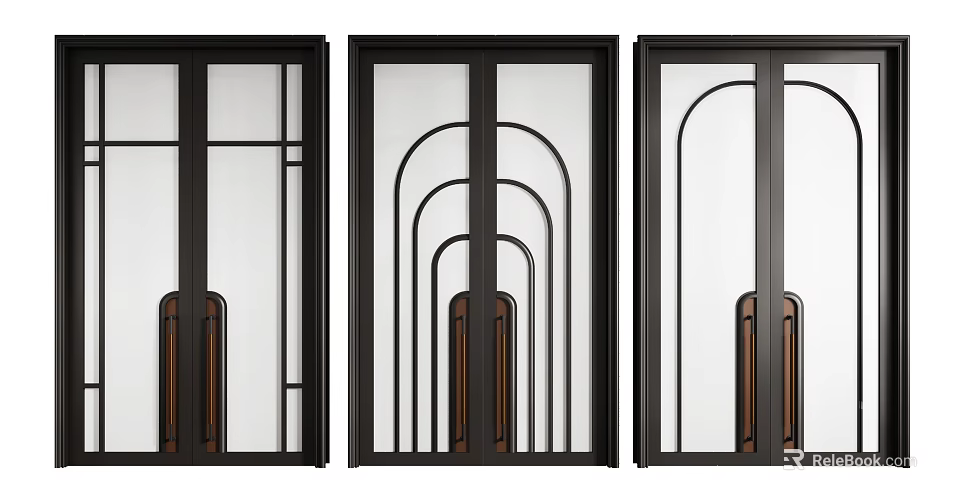 Modern Double Doors With Black Frames Glass Panels Wooden Accents And Geometric Designs 3d model 