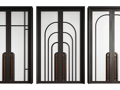 Modern Double Doors With Black Frames Glass Panels Wooden Accents And Geometric Designs 3d model