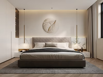 Modern Bedroom Interior Design With Upholstered Headboard Circular Art Decor And Pendant Lights 3d model