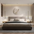 Modern Bedroom Interior Design With Upholstered Headboard Circular Art Decor And Pendant Lights