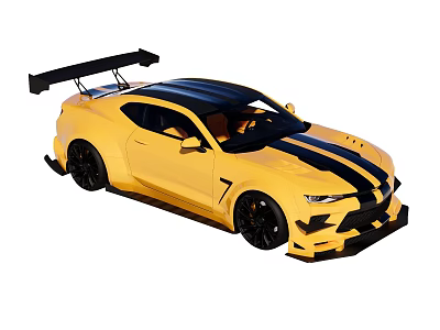 Yellow Sports Car With Black Stripes Rear Spoiler And Black Wheels Sporty Design 3d model