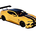 Yellow Sports Car With Black Stripes Rear Spoiler And Black Wheels Sporty Design