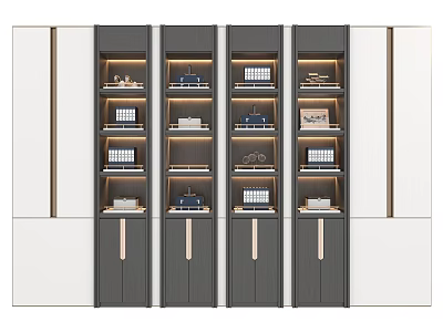 Modern Decorative Cabinet With Dark White Finish Gold Accents And Display Shelves 3d model