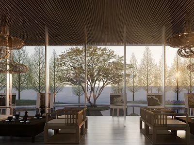 Modern Sales Office Open Interior With Wooden Ceiling Chandeliers Floor to Ceiling Windows Outdoor View 3d model
