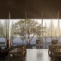 Modern Sales Office Open Interior With Wooden Ceiling Chandeliers Floor to Ceiling Windows Outdoor View