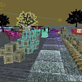 Scenic Historical Landscape With Stone Paved Path Stacked Crates And Horse Drawn Carts