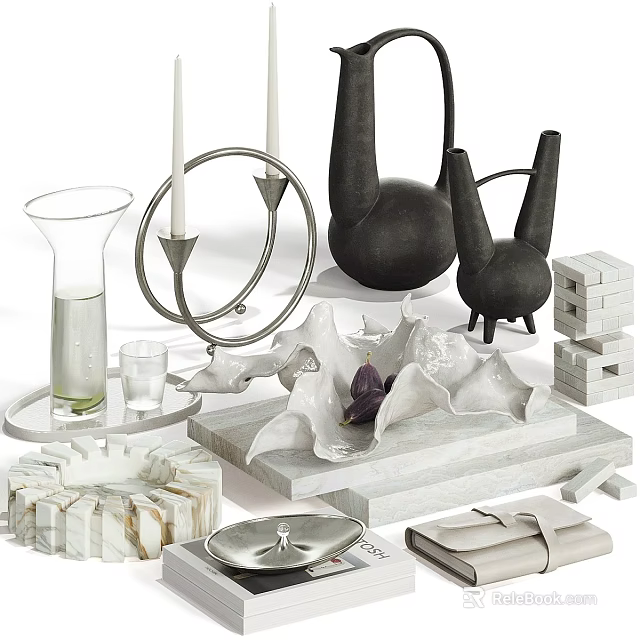 Ornamental Decor Collection With Marble Bases Candle Holders And Geometric Sculptures 3d model 