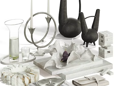 Ornamental Decor Collection With Marble Bases Candle Holders And Geometric Sculptures 3d model