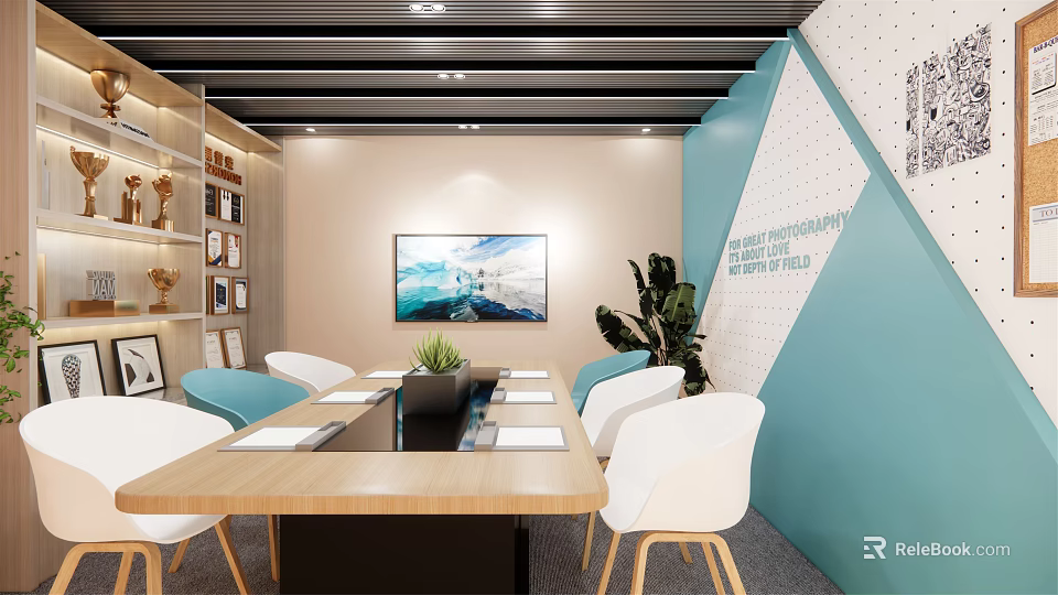 Modern Conference Room Interior Design With Long Wooden Table White Blue Chairs And Wall Painting 3d model 