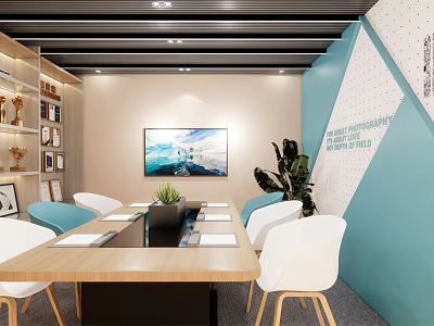 Modern Conference Room Interior Design With Long Wooden Table White Blue Chairs And Wall Painting 3d model