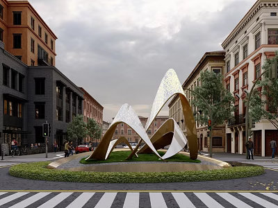 Urban Square Abstract Sculpture In Circular Lawn With White Gold Curved Metal Structure 3d model