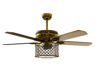 Golden Decorative Ceiling Fan With Elegant Blades And Mesh Cage Design For Home 3d model