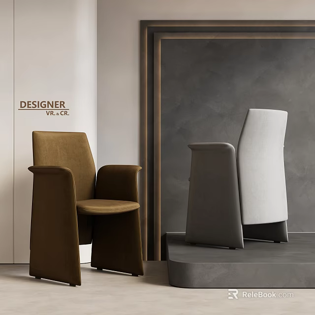 Modern Designer Dining Chairs Featuring Brown Velvet And Gray Fabric Upholstery In Showroom 3d model 