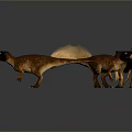 Three Brown Dinosaur Models With Yellow Manes On Dark Background With Reflections 3d model