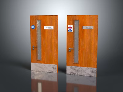 Brown Wooden Swing Doors With Glass Panels Signs And Concrete Bases 3d model