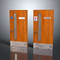 Brown Wooden Swing Doors With Glass Panels Signs And Concrete Bases