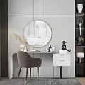 Modern Dressing Table With Round Mirror City View Reflection And Decorative Chair 3d model