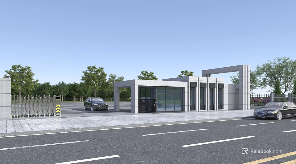 Modern Entrance Gate Design With Glass Facade Surrounding Trees And Road Access 3d model 