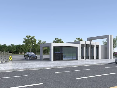 Modern Entrance Gate Design With Glass Facade Surrounding Trees And Road Access 3d model