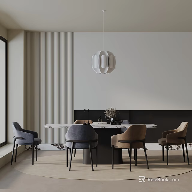 Modern Dining Table Set With Different Colored Chairs And Pendant Light Striped Wall 3d model 