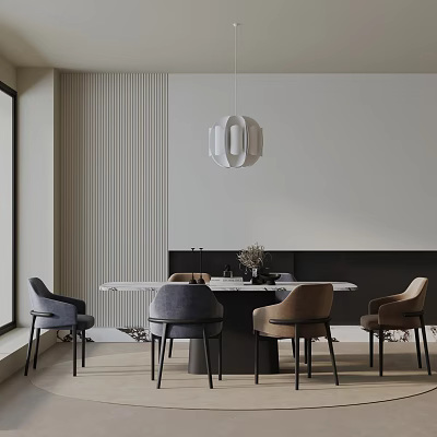 Modern Dining Table Set With Different Colored Chairs And Pendant Light Striped Wall 3d model