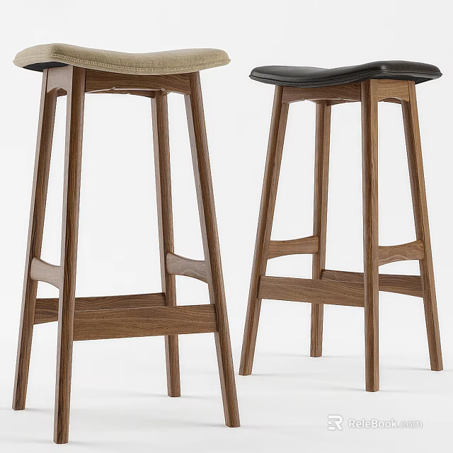 Wooden Bar Stools With Beige Fabric And Black Leather Seats Modern Design 3d model 