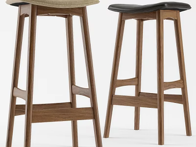 Wooden Bar Stools With Beige Fabric And Black Leather Seats Modern Design 3d model