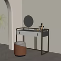 Elegant Modern Dressing Table With Round Mirror Brass Frame And Brown Stool 3d model