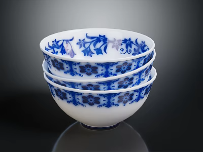 Three Stacked Blue And White Floral Pattern Porcelain Bowls For Daily Home Use 3d model