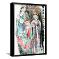 Traditional Chinese Figure Painting Featuring Three Figures In Ancient Colorful Costumes With Lotus And Calligraphy