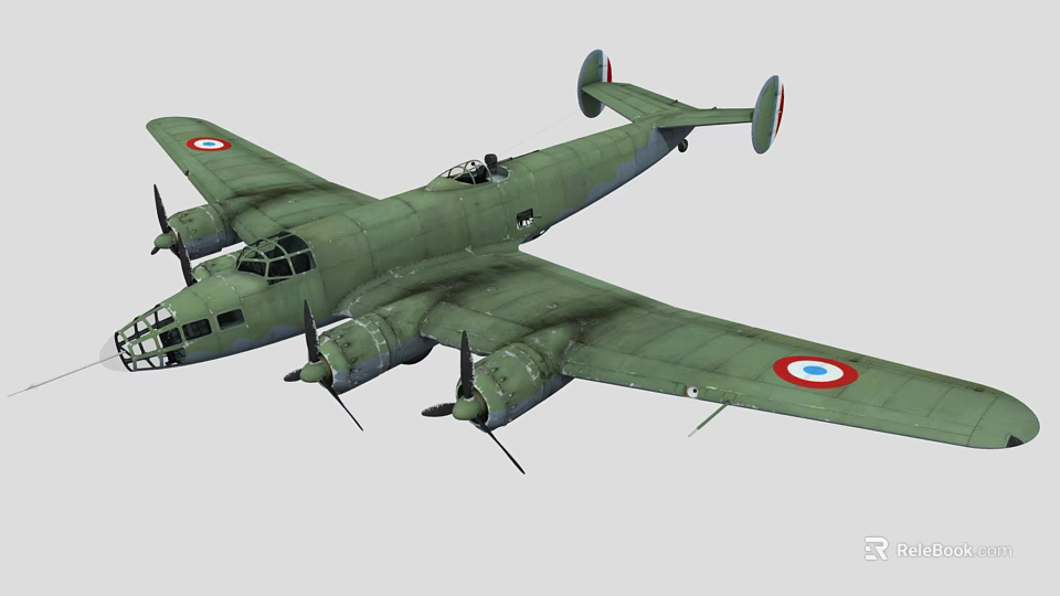 Green Vintage Fighter Aircraft With Multiple Propellers And Round Wing Insignia 3d model 
