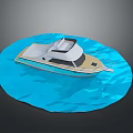 Low Poly Style Boat Floating On Blue Water In 3D Illustration