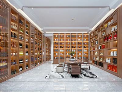 Spacious Modern Liquor Store Interior With Shelves Wine Bottles Display Cabinets And Marble Floor 3d model