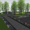 Scenic Park Landscape with Wooden Bridge Stream Lush Trees and Green Grass