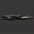 Blue Car Wreckage With Scattered Mechanical Parts On Dark Background