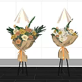 Floral Decorative Arrangement With Brown Paper Wrapped Bouquets Orange Ribbon On Black Stand White Wall